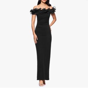 Xscape Black Off-the-Shoulder Ruffle Column Gown